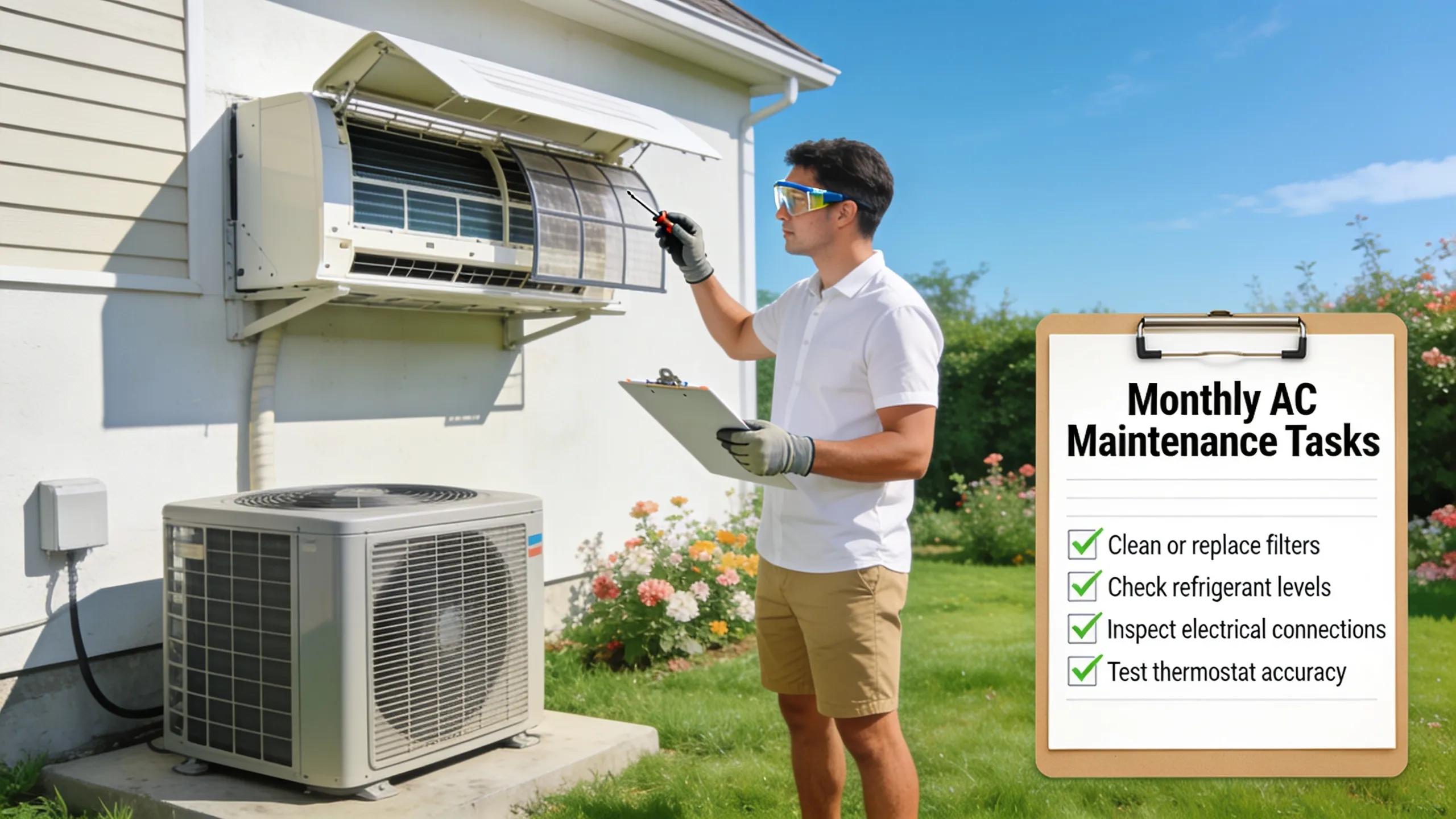 Homeowner performing monthly HVAC maintenance tasks to ensure system reliability and performance