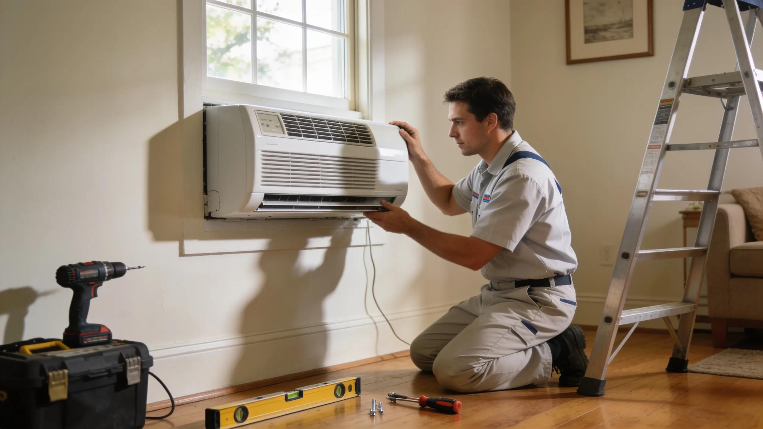 Technician installing a ductless mini-split air conditioning system in a New Jersey home