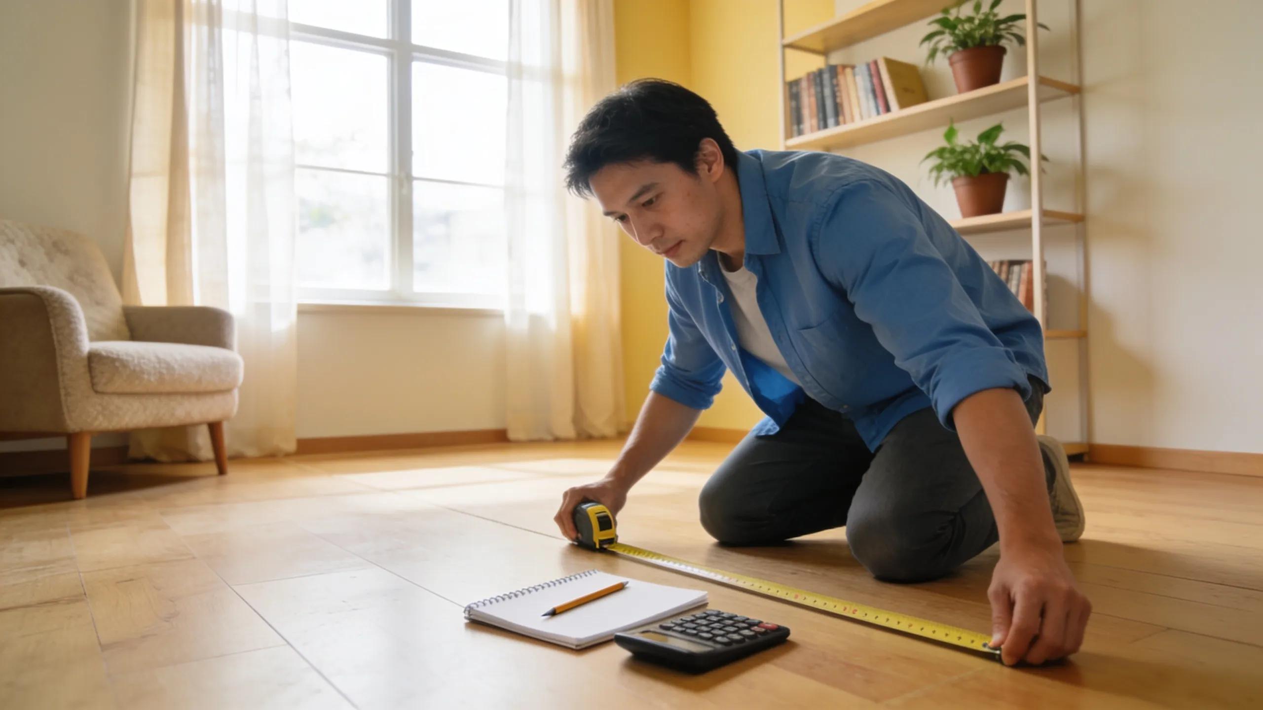 Homeowner calculating cooling load with measuring tape and tools in a bright room