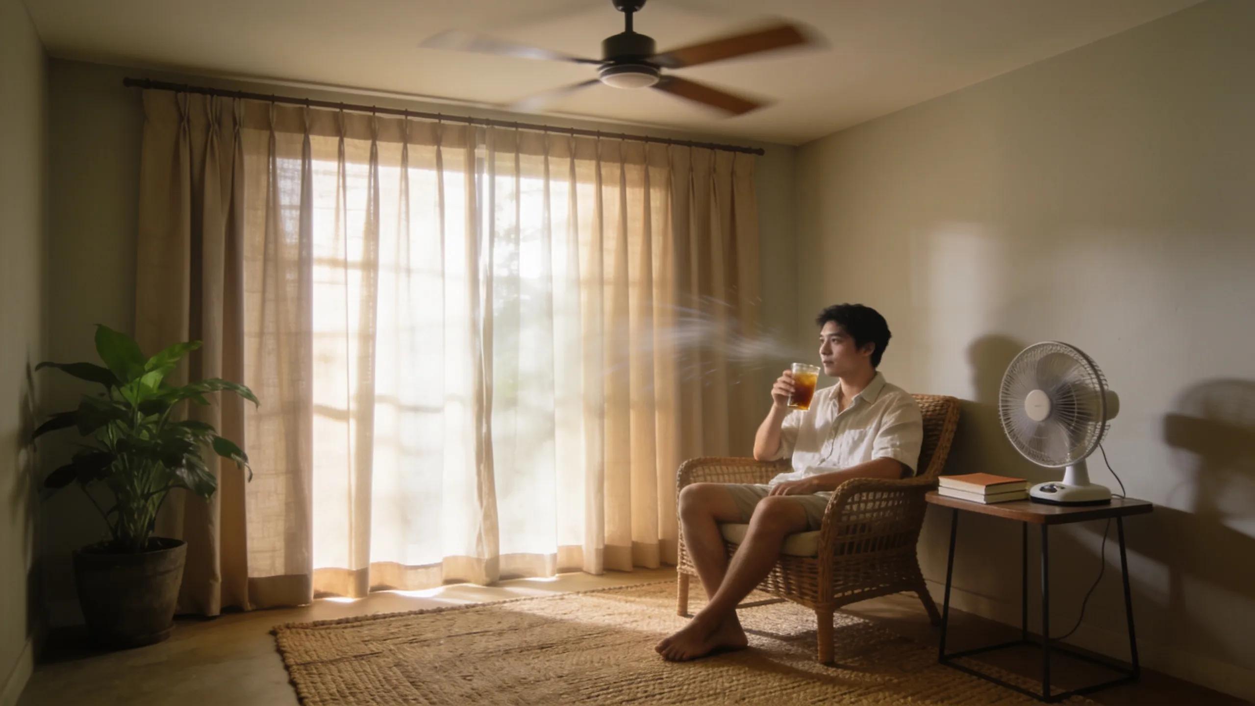 Cozy living room with curtains drawn and ceiling fan, illustrating cooling strategies during AC repair wait