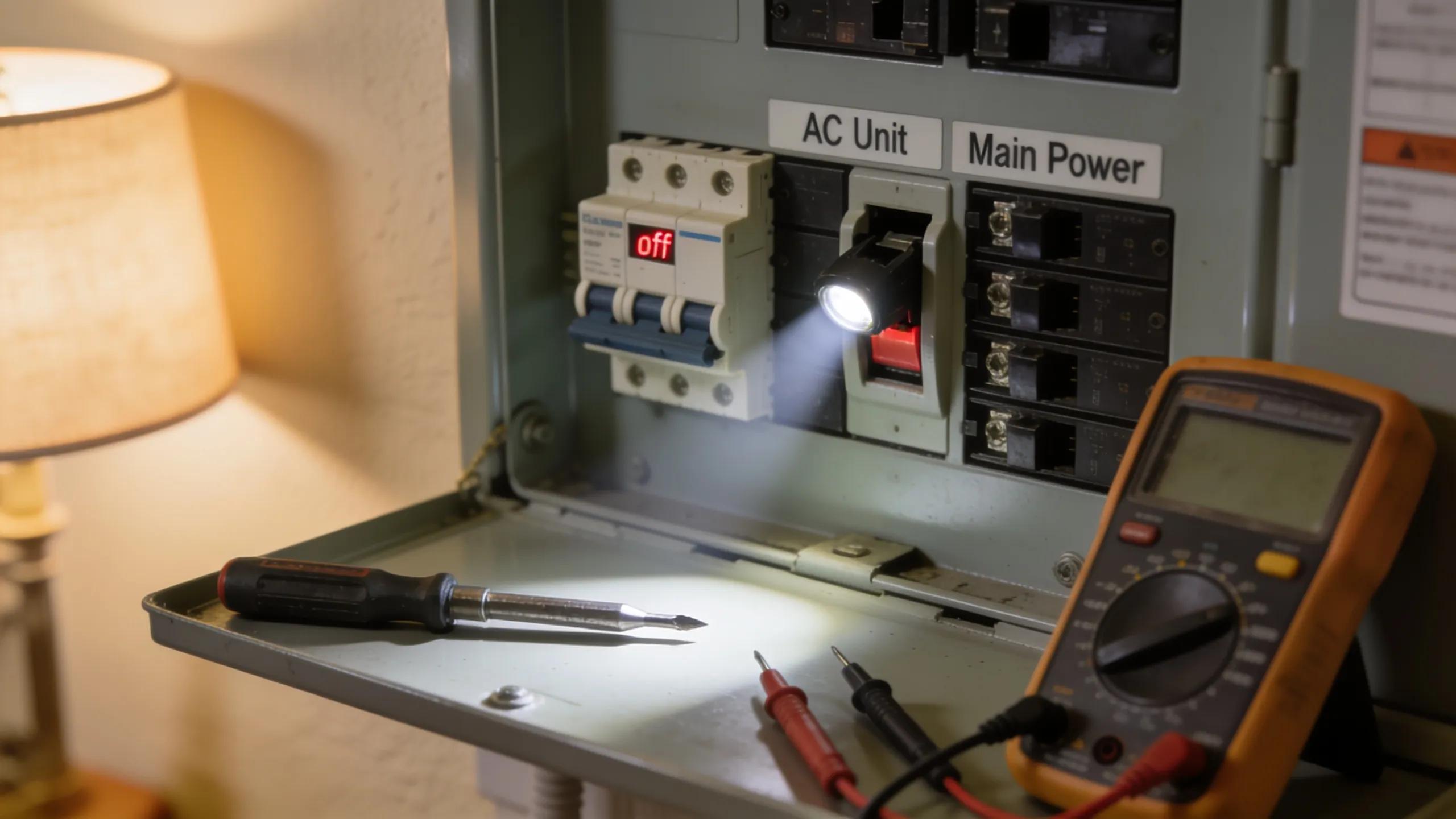 Close-up of a circuit breaker panel showing a tripped breaker