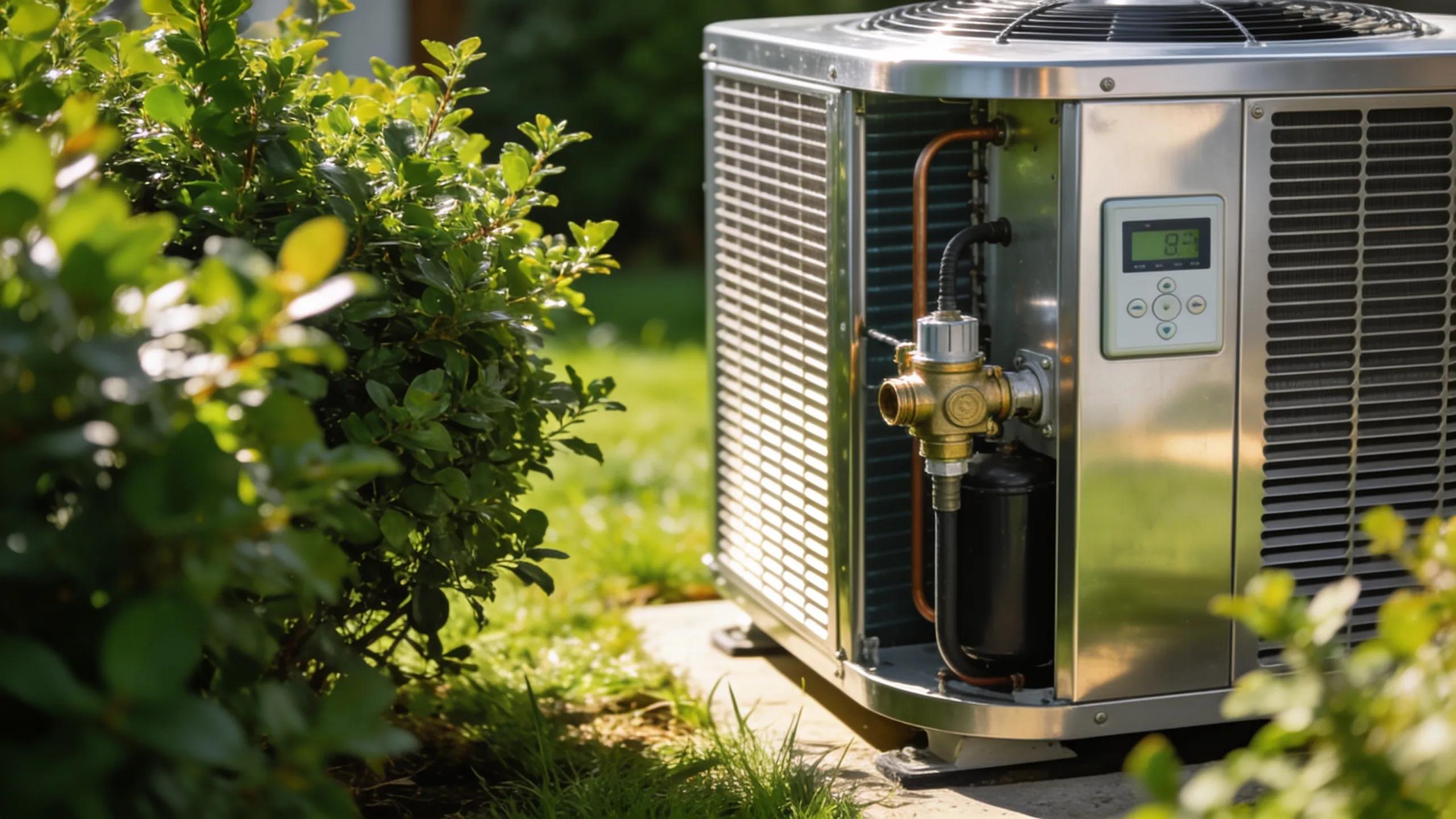 Close-up of a heat pump outdoor unit showcasing its features in a natural setting