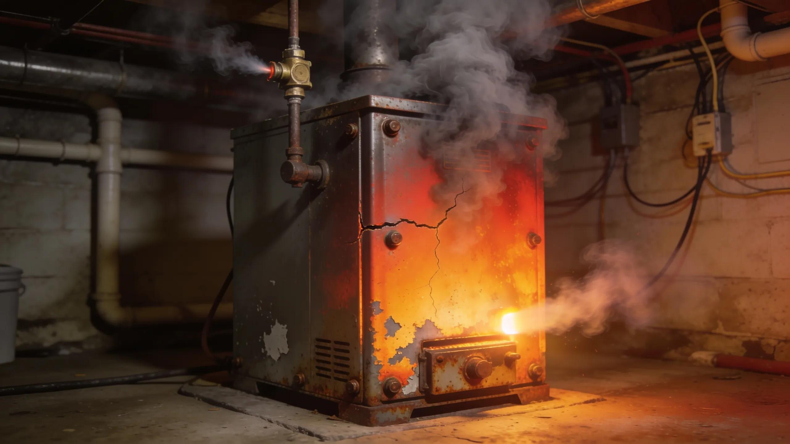 Overheating furnace showing signs of malfunction, emphasizing safety concerns