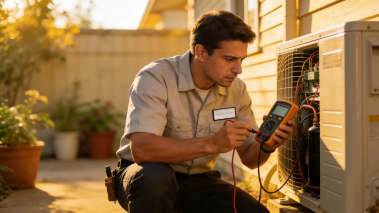 HVAC technician inspecting an air conditioning unit in a residential setting, emphasizing professional service and care