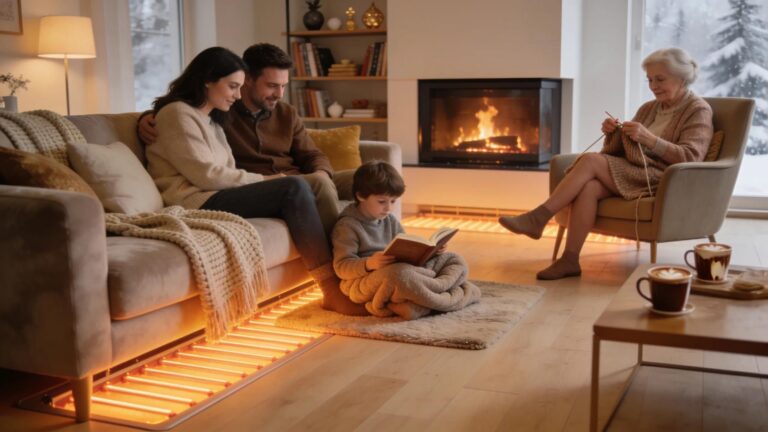 Cozy living room with radiant floor heating, highlighting warmth and comfort