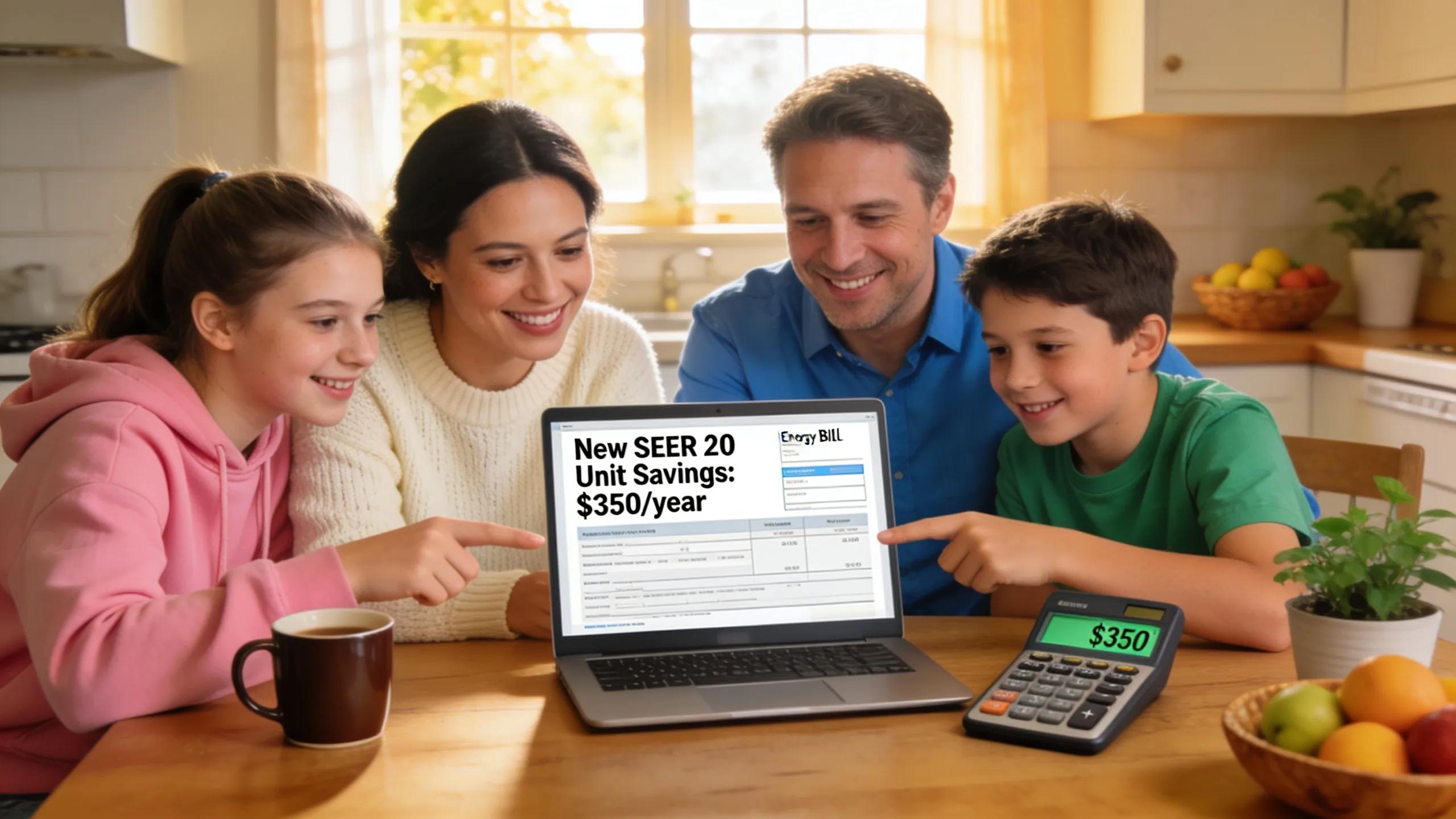 Family reviewing energy bill, illustrating savings from understanding SEER ratings