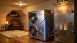 Heat pump and furnace side by side in a cozy home setting, illustrating their differences