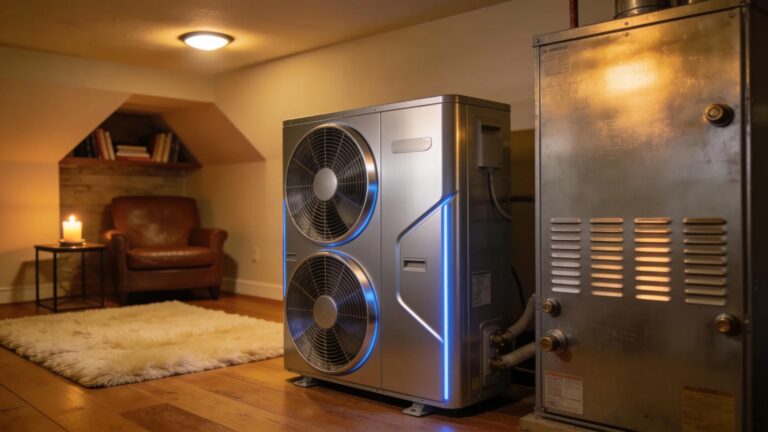 Heat pump and furnace side by side in a cozy home setting, illustrating their differences