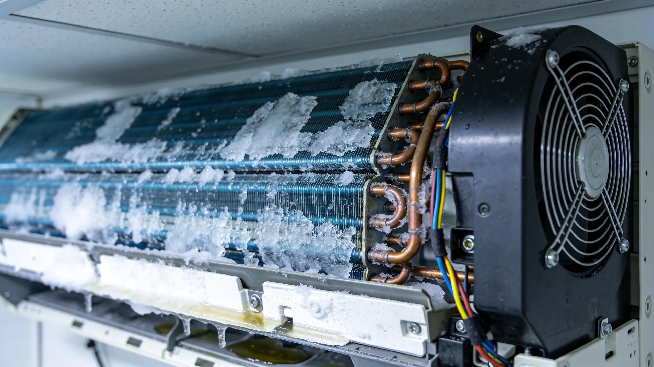 Frozen evaporator coils in an air conditioning unit, illustrating causes of internal leaks