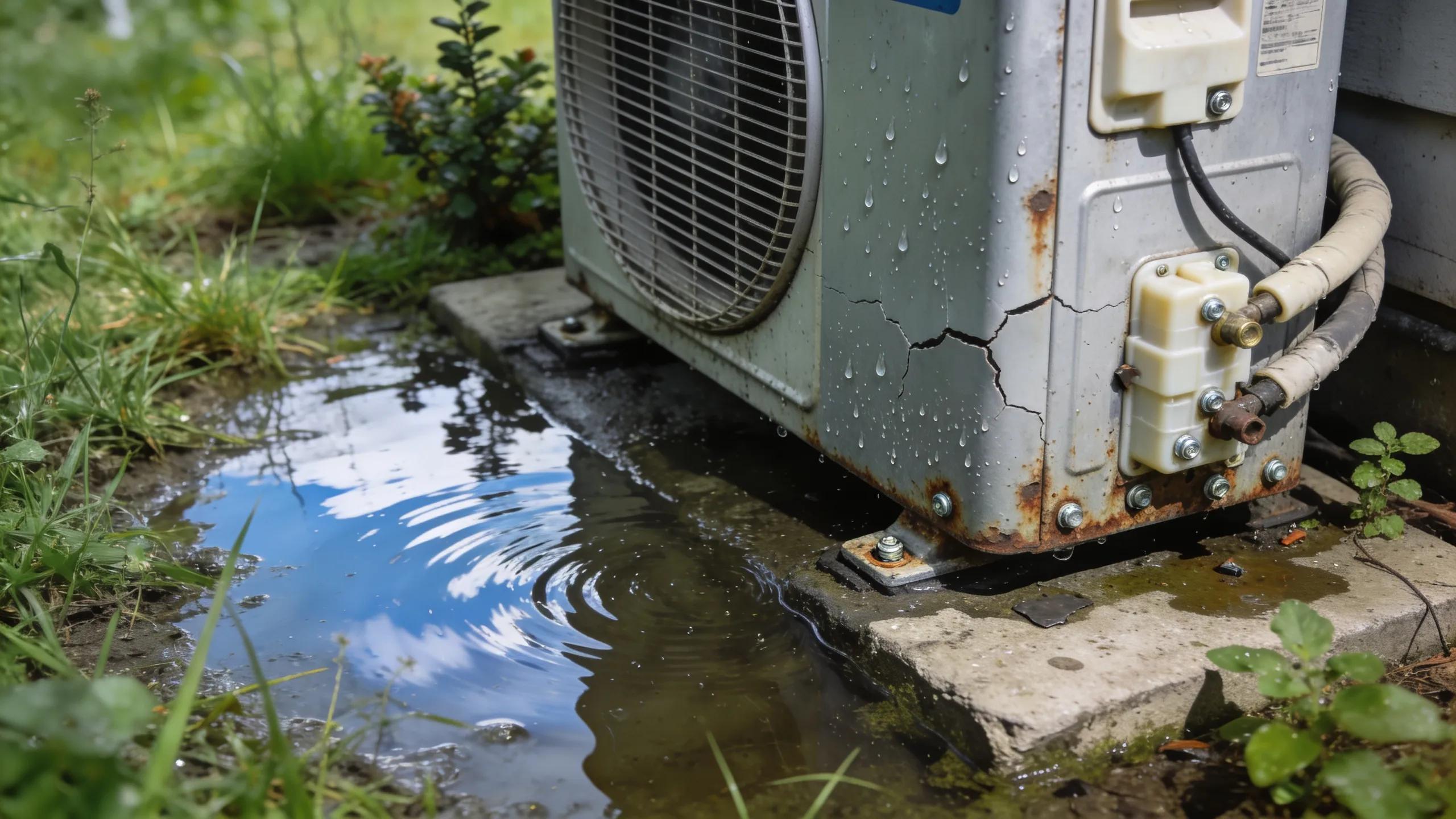 Puddle of water near outdoor AC unit, illustrating potential leaks and moisture problems