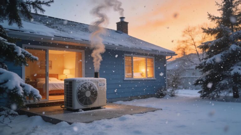 New Jersey home with heat pump in winter, emphasizing warmth and comfort