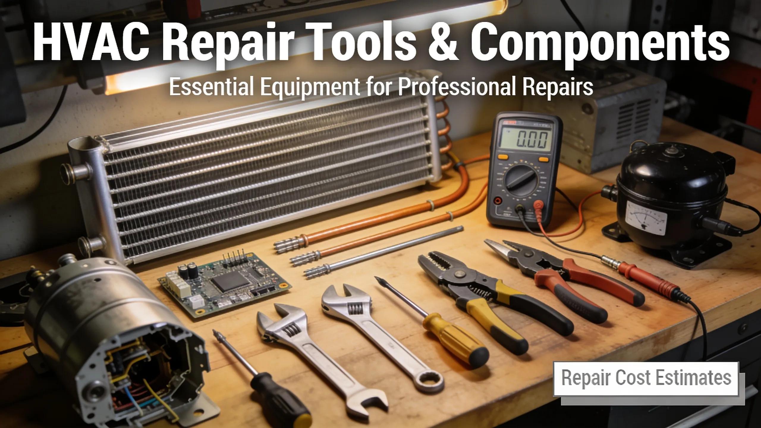 HVAC repair tools and components arranged on a workbench, relevant to air conditioning repair costs.