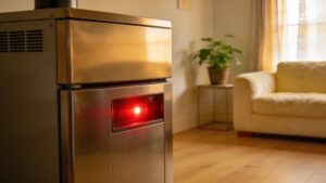 Flashing red light on a modern furnace in a cozy home setting