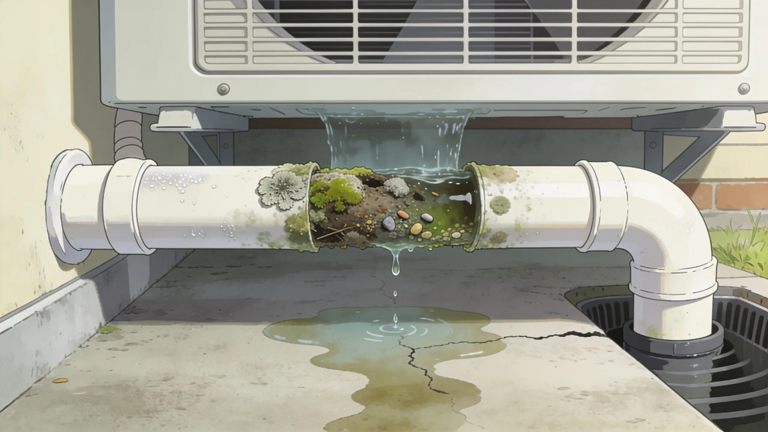 Clogged AC drain line with debris causing water buildup, highlighting leak causes