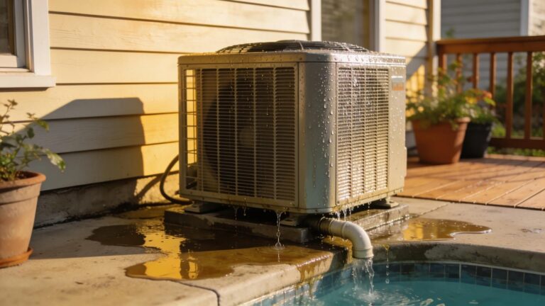 Air conditioning unit with water pooling around it, illustrating common leak issues