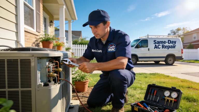 Local HVAC technician servicing an air conditioning unit on a bright summer day in Morris County NJ