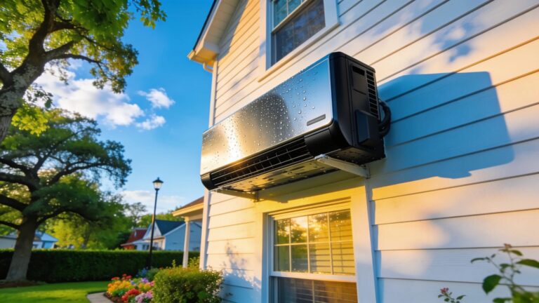 Modern air conditioning unit in a sunny New Jersey neighborhood, representing summer comfort