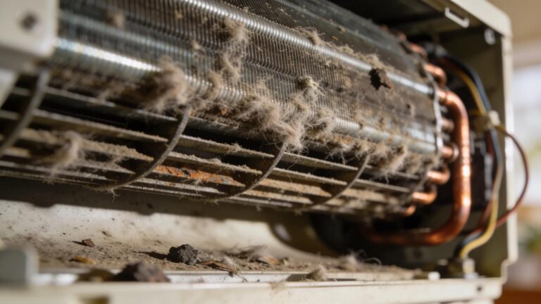 Dirty air conditioner coils showing dust buildup affecting HVAC efficiency