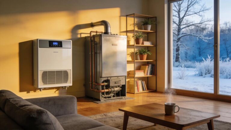 Heat pump and furnace in a cozy living room during winter, highlighting heating options for New Jersey homeowners