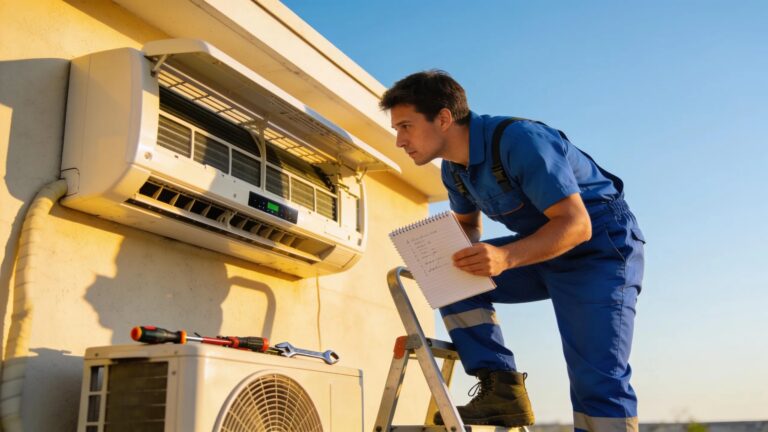 AC technician inspecting air conditioning unit outdoors, emphasizing maintenance and repair
