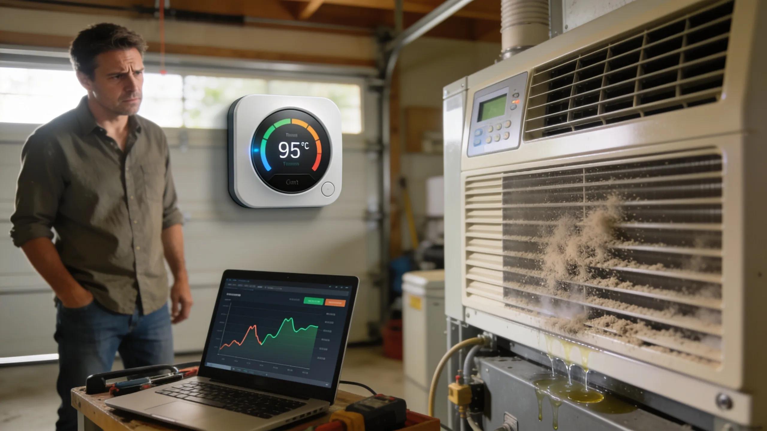 Homeowner inspecting AC unit for signs of repair needs, illustrating proactive HVAC care