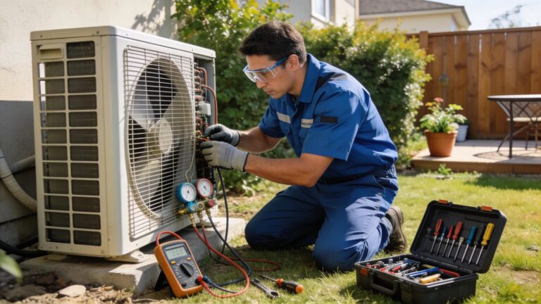 HVAC technician performing visual inspection of air conditioning unit outdoors