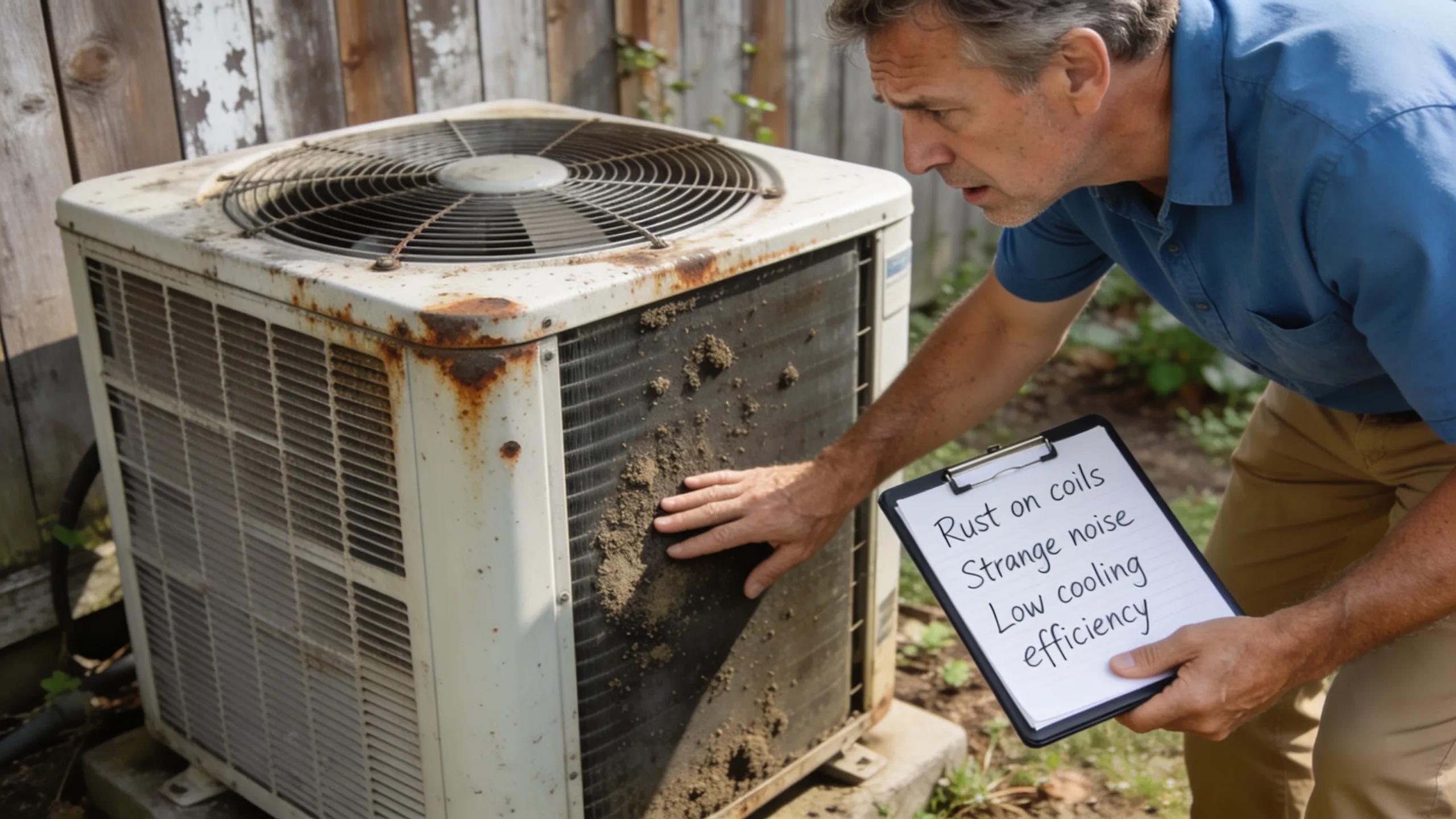 Homeowner inspecting an aging air conditioning unit, illustrating signs that indicate the need for replacement