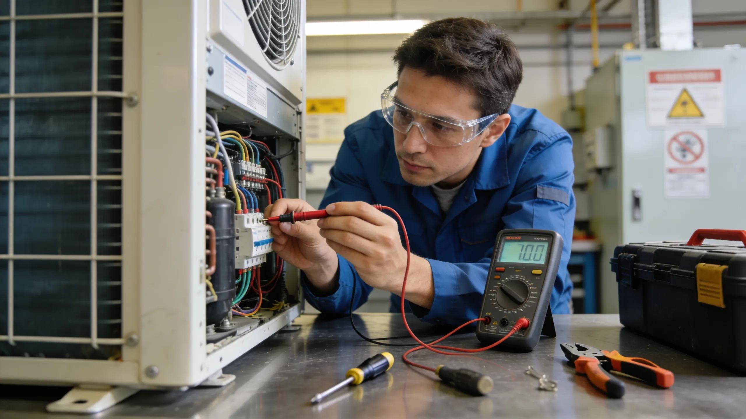 Technician conducting electrical system check on air conditioning unit using multimeter