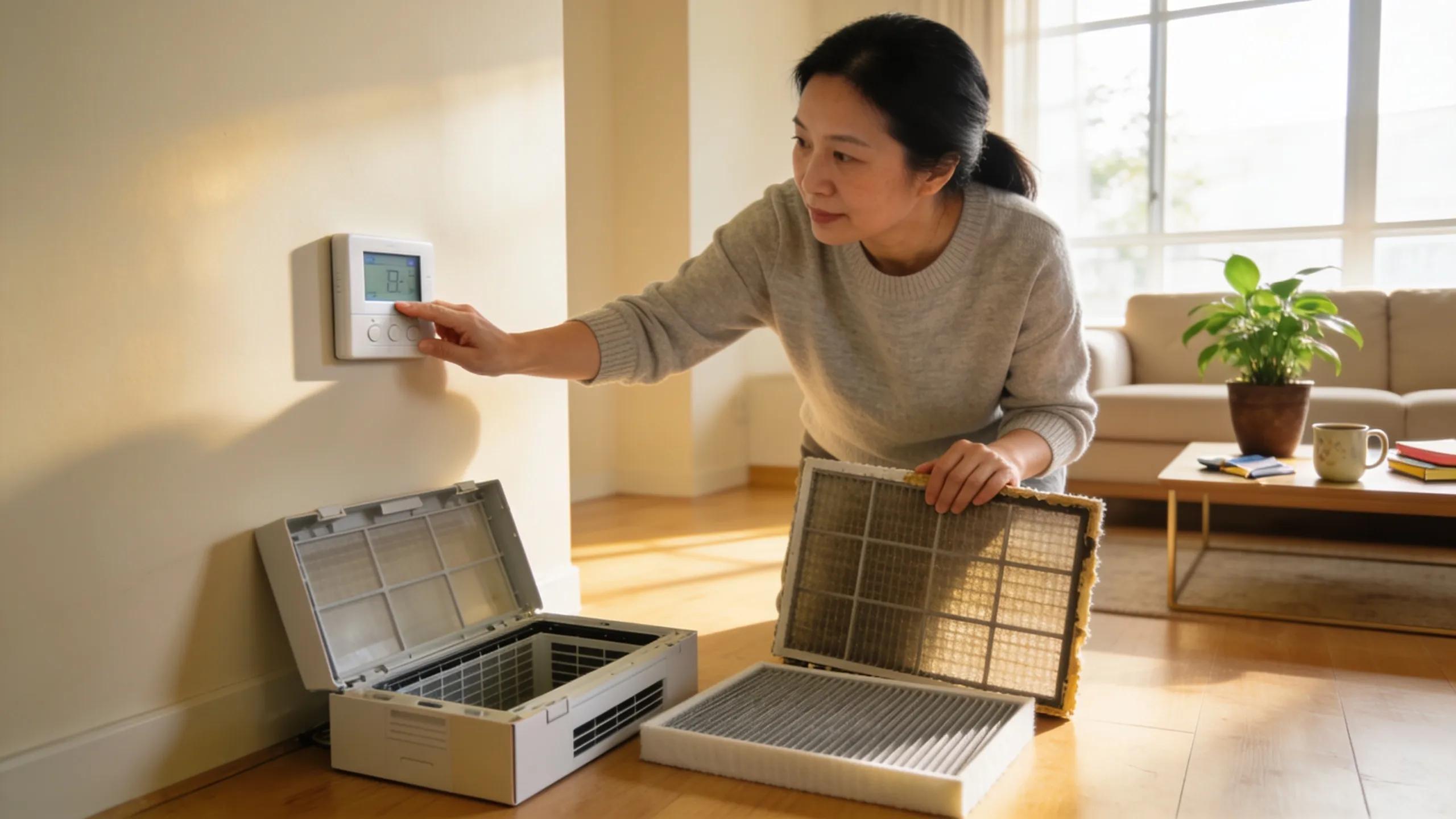 Homeowner inspecting thermostat and air filters to diagnose AC issues