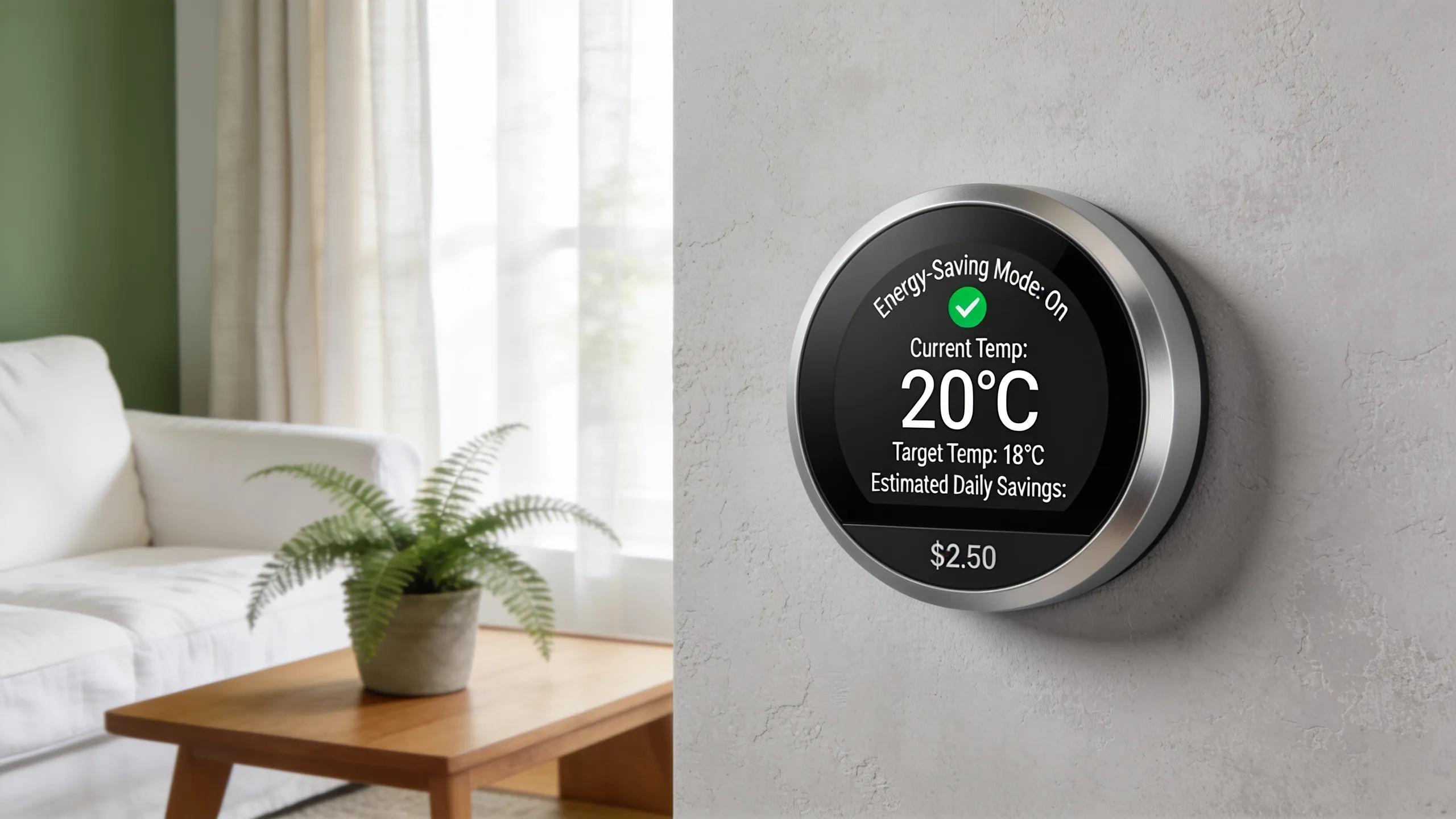 Smart thermostat in a stylish home, showcasing energy-saving settings for winter