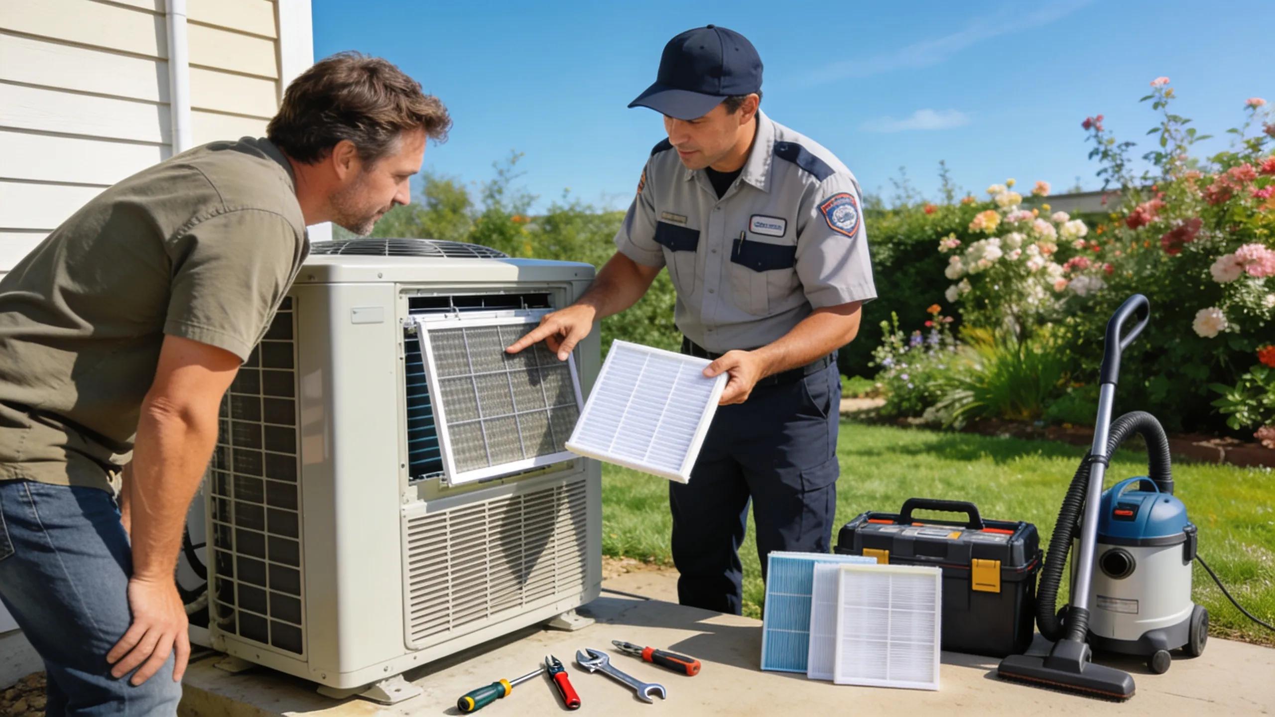 Homeowner learning AC maintenance tips from a licensed technician outdoors