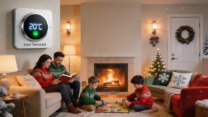 Cozy living room with a modern thermostat, fireplace, and family enjoying winter comfort