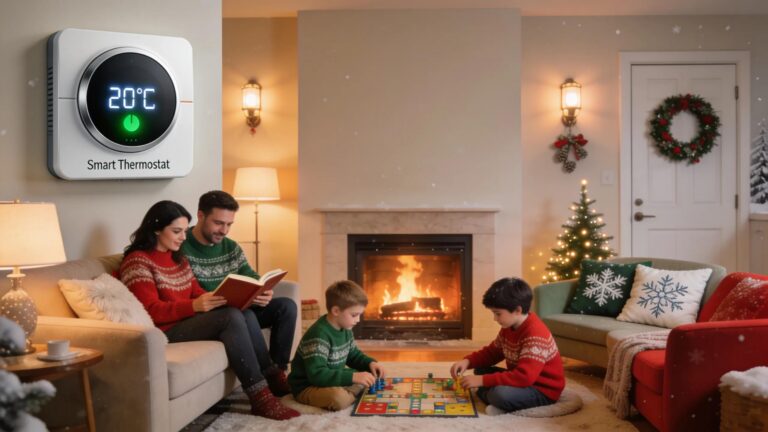 Cozy living room with a modern thermostat, fireplace, and family enjoying winter comfort
