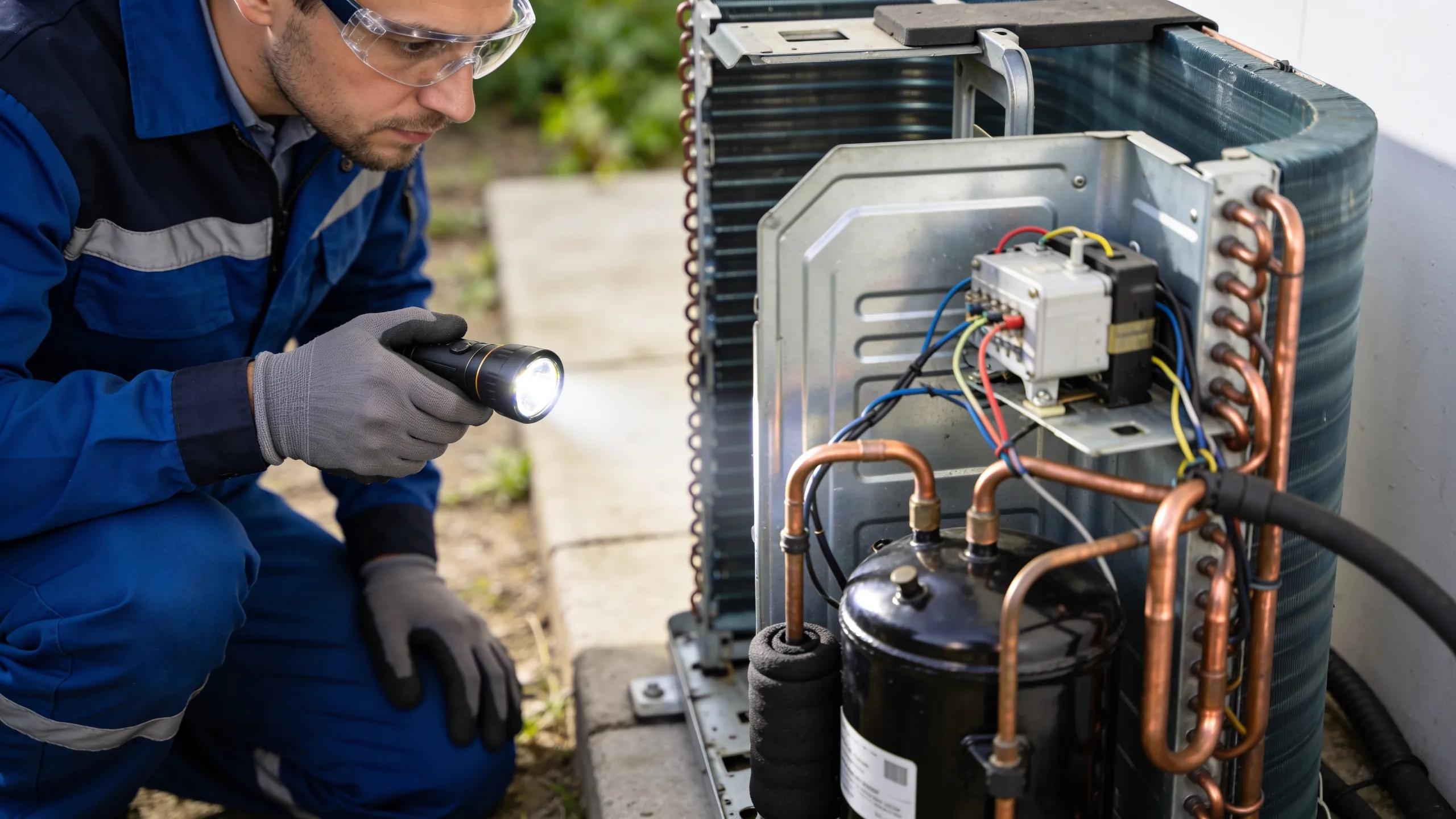 Technician inspecting the compressor of an outdoor AC unit