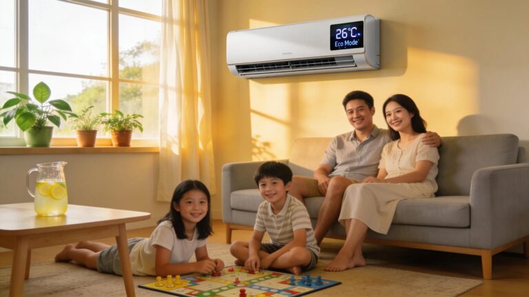 Interior of a cozy home with an air conditioner running, emphasizing summer comfort and energy efficiency