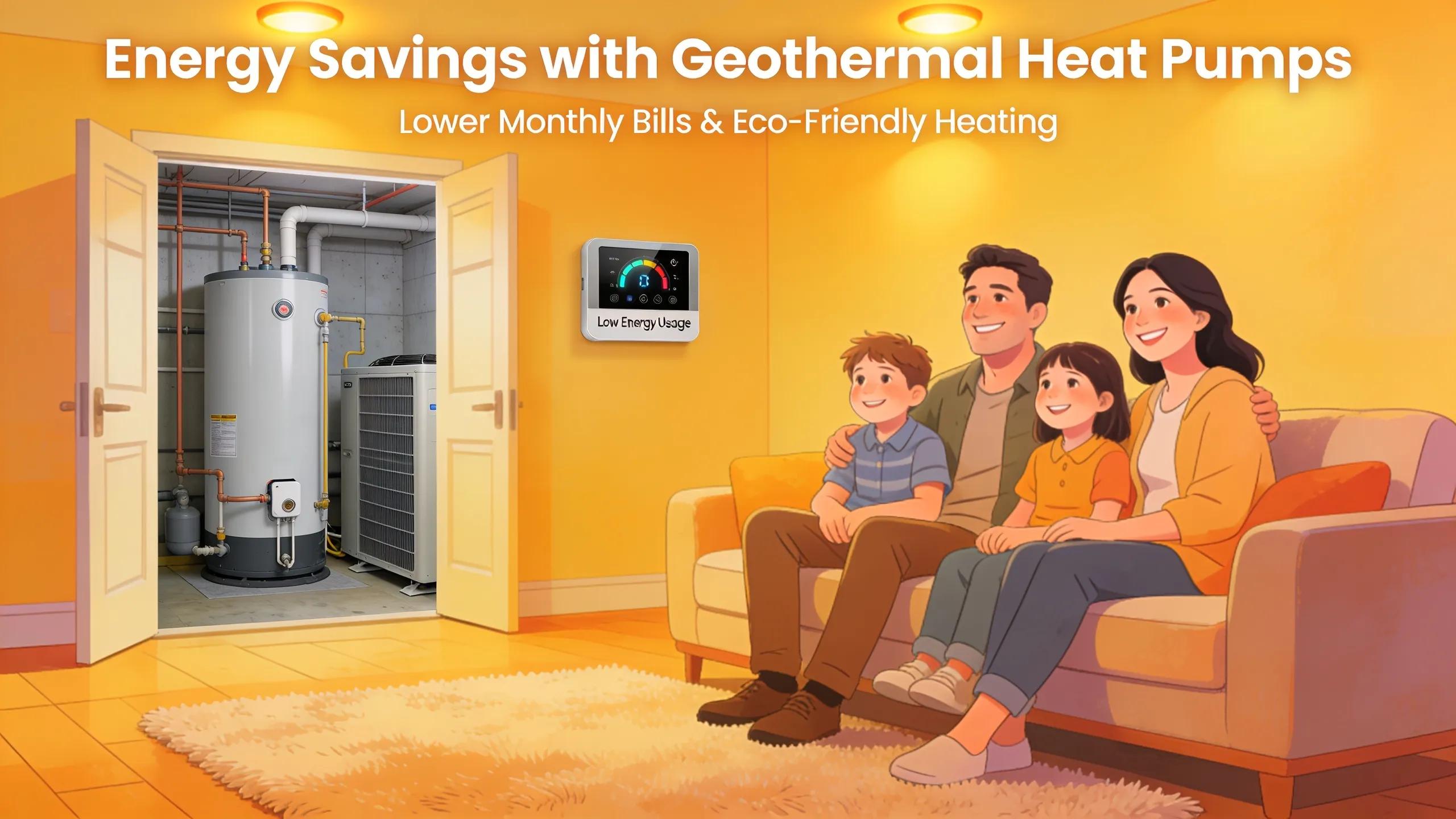 Family relaxing at home with steady comfort provided by a geothermal heat pump, illustrating lower energy use