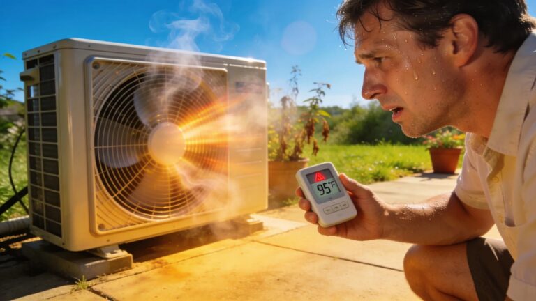 Air conditioning unit under summer heat with a concerned homeowner monitoring temperatures