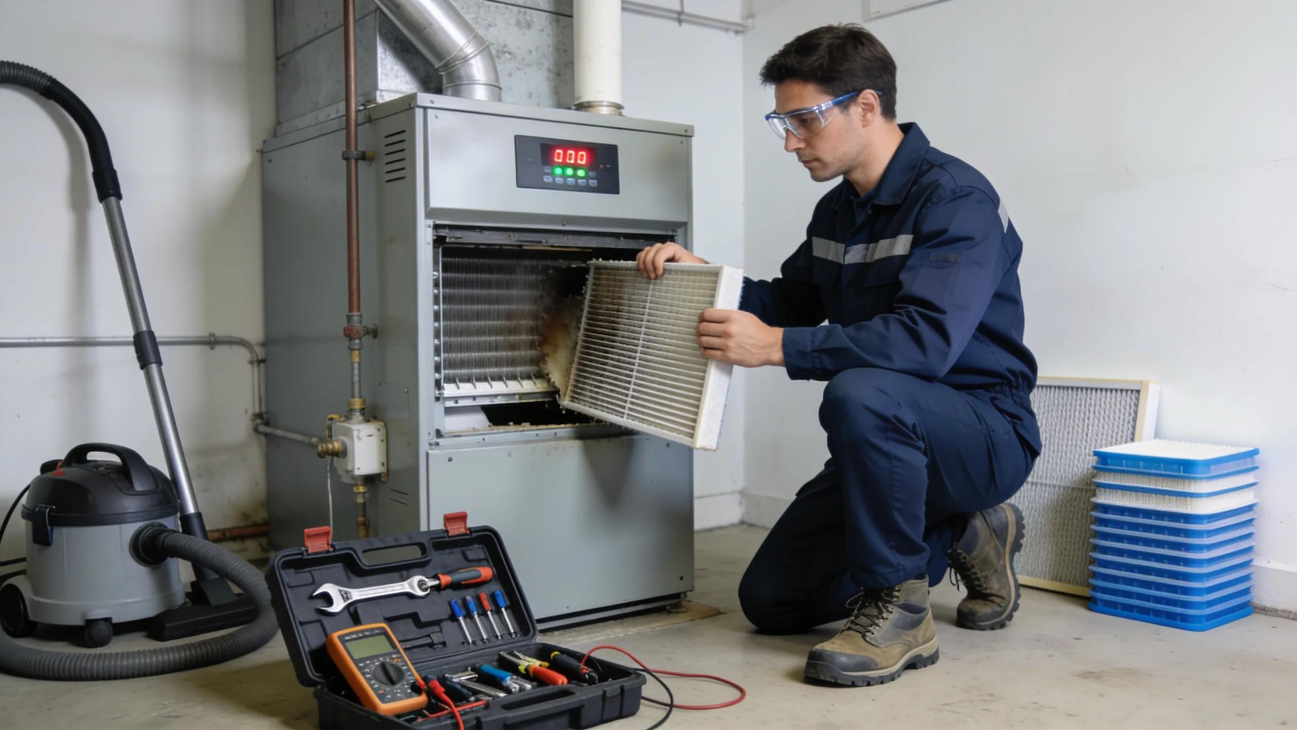 Technician performing routine maintenance on a furnace, changing air filter