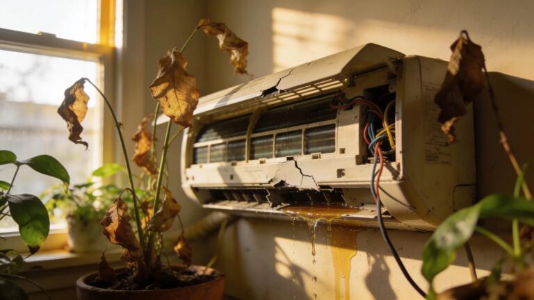 Broken air conditioning unit in a cozy home environment emphasizing urgent repair needs