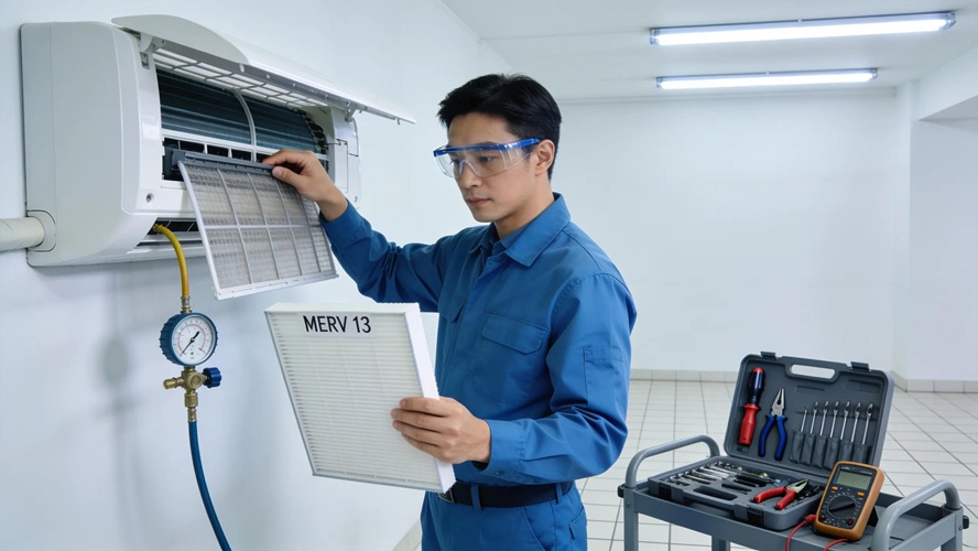 Technician performing maintenance on an air conditioning unit to prevent coil freezing