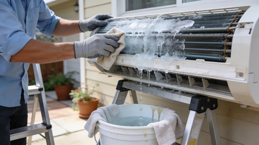 Homeowner safely defrosting an air conditioning coil with ice melting