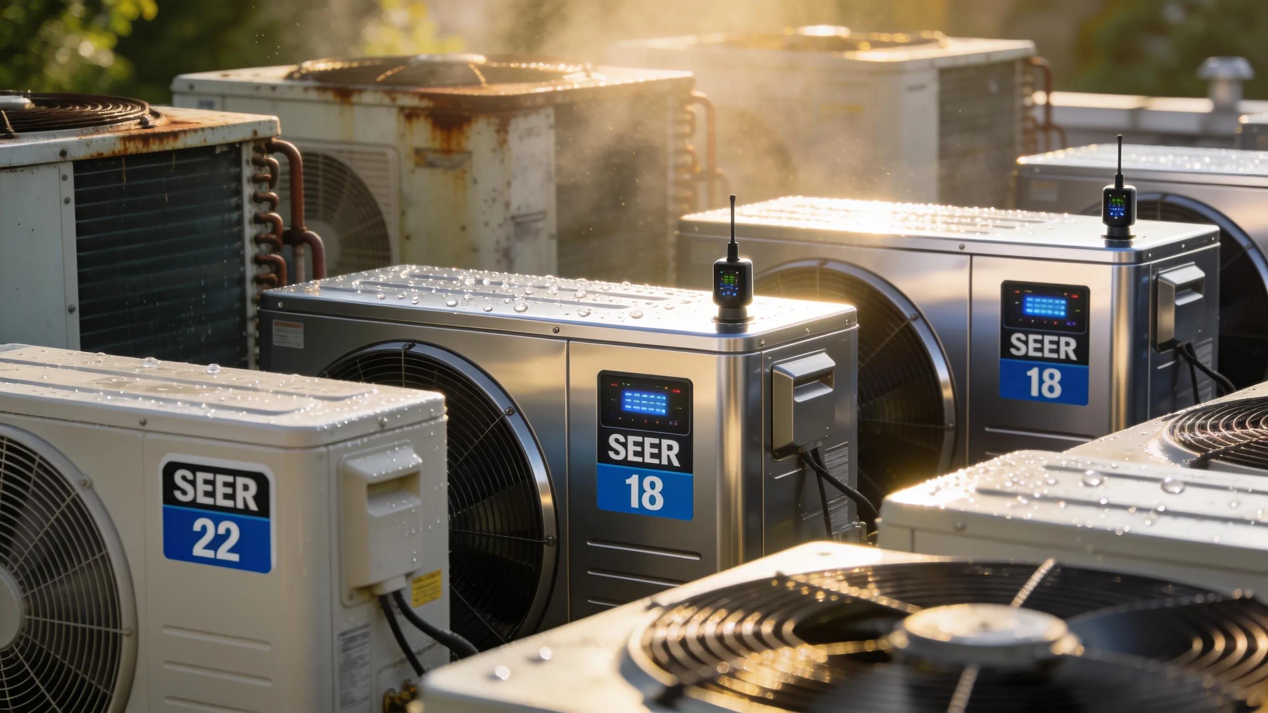 Comparison of air conditioning units showcasing energy efficiency ratings, relevant to homeowners' decisions