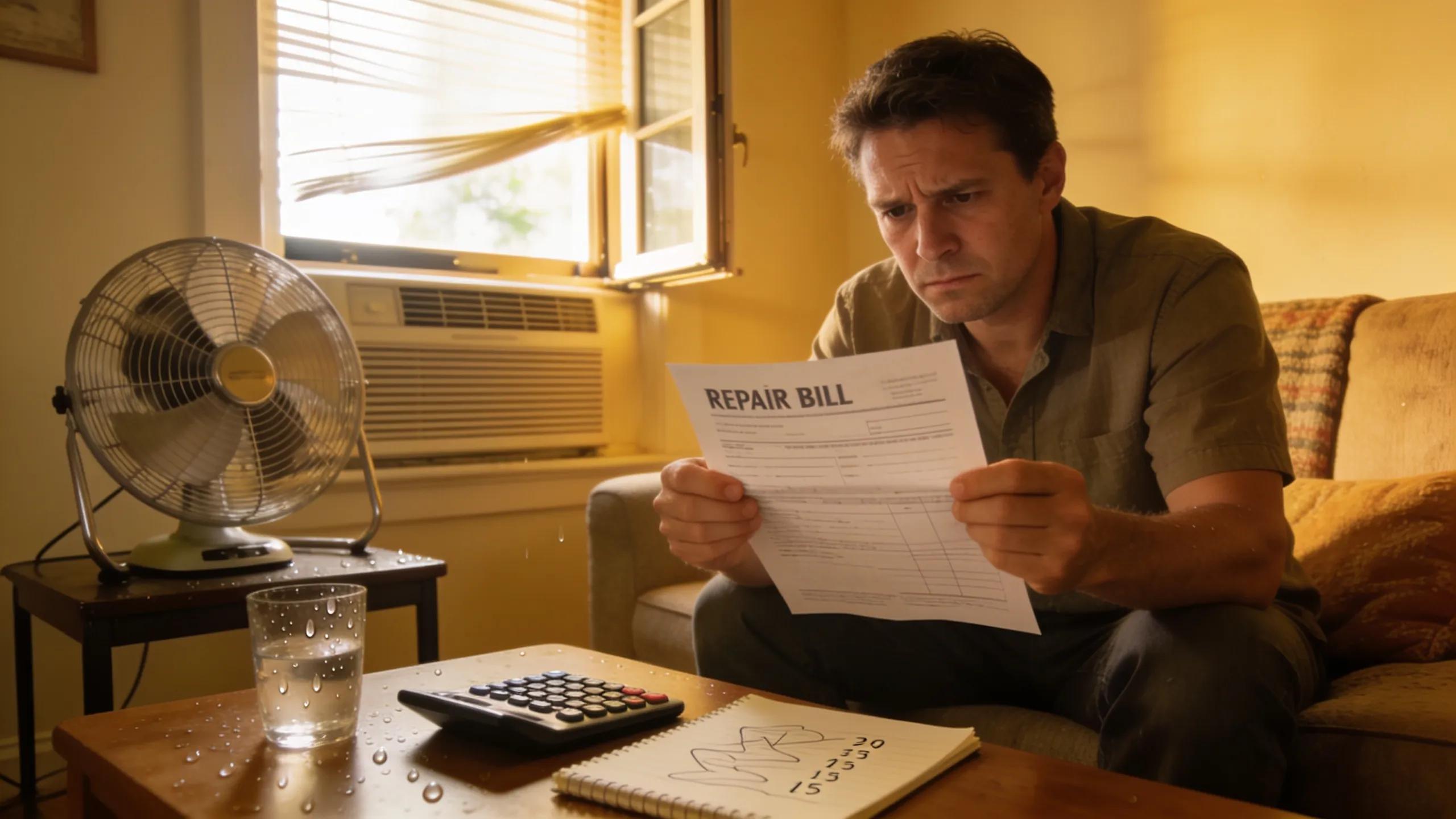 Homeowner reviewing air conditioning repair bills, reflecting the financial impact of frequent maintenance