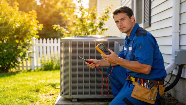 Technician inspecting residential air conditioning unit in New Jersey backyard
