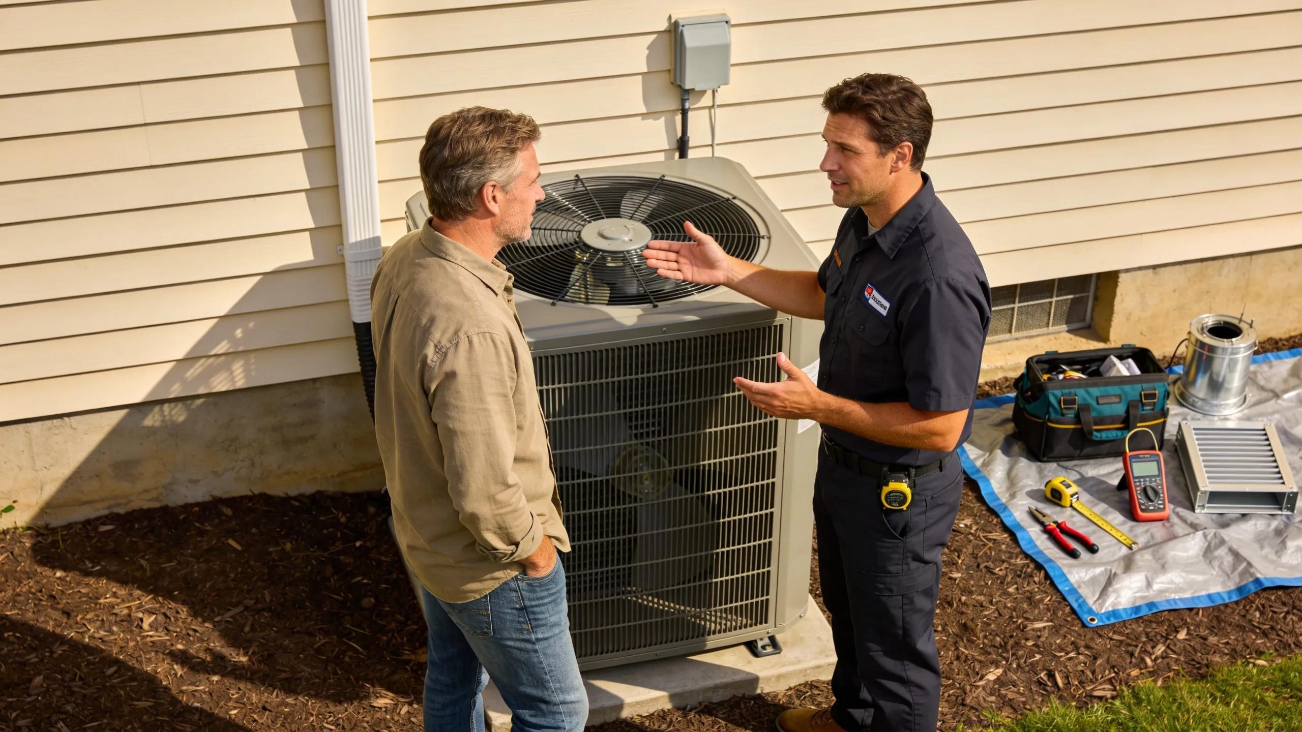 Homeowner consulting with HVAC technician about solutions to uneven cooling issues in their home