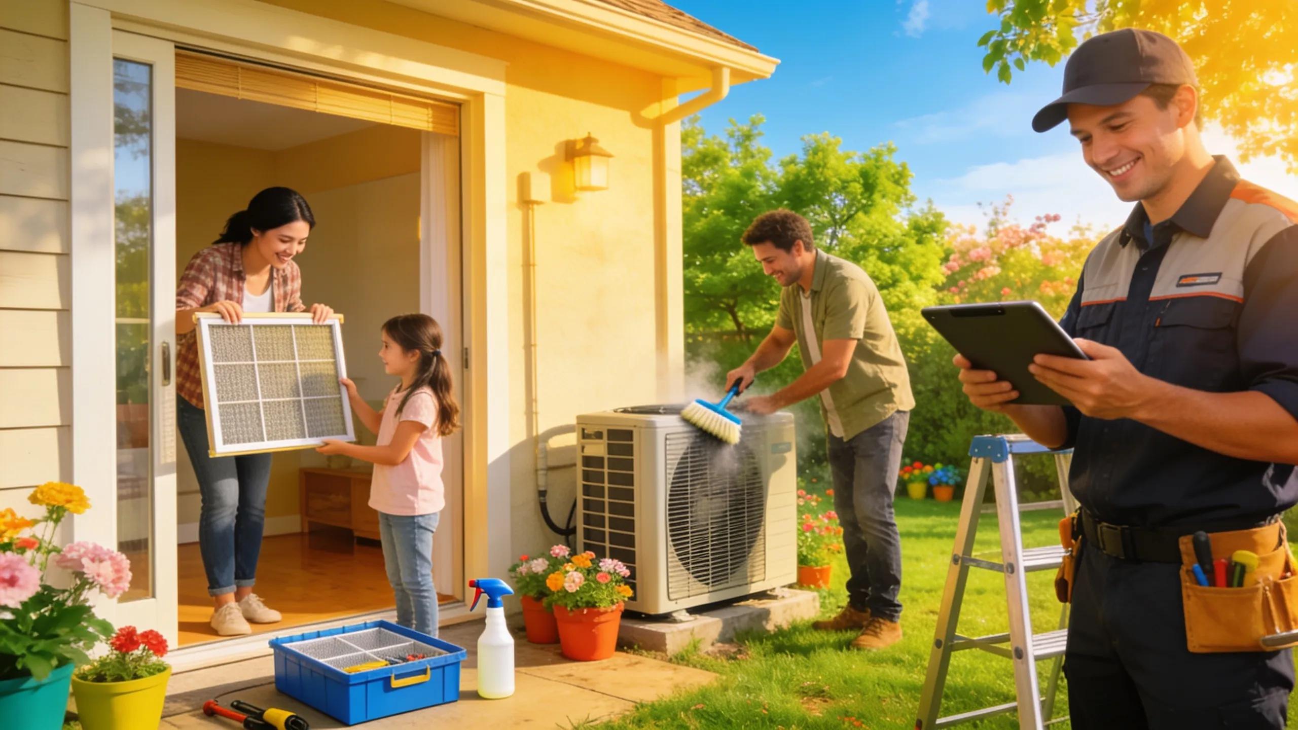 Homeowners performing preventive maintenance on air conditioning units
