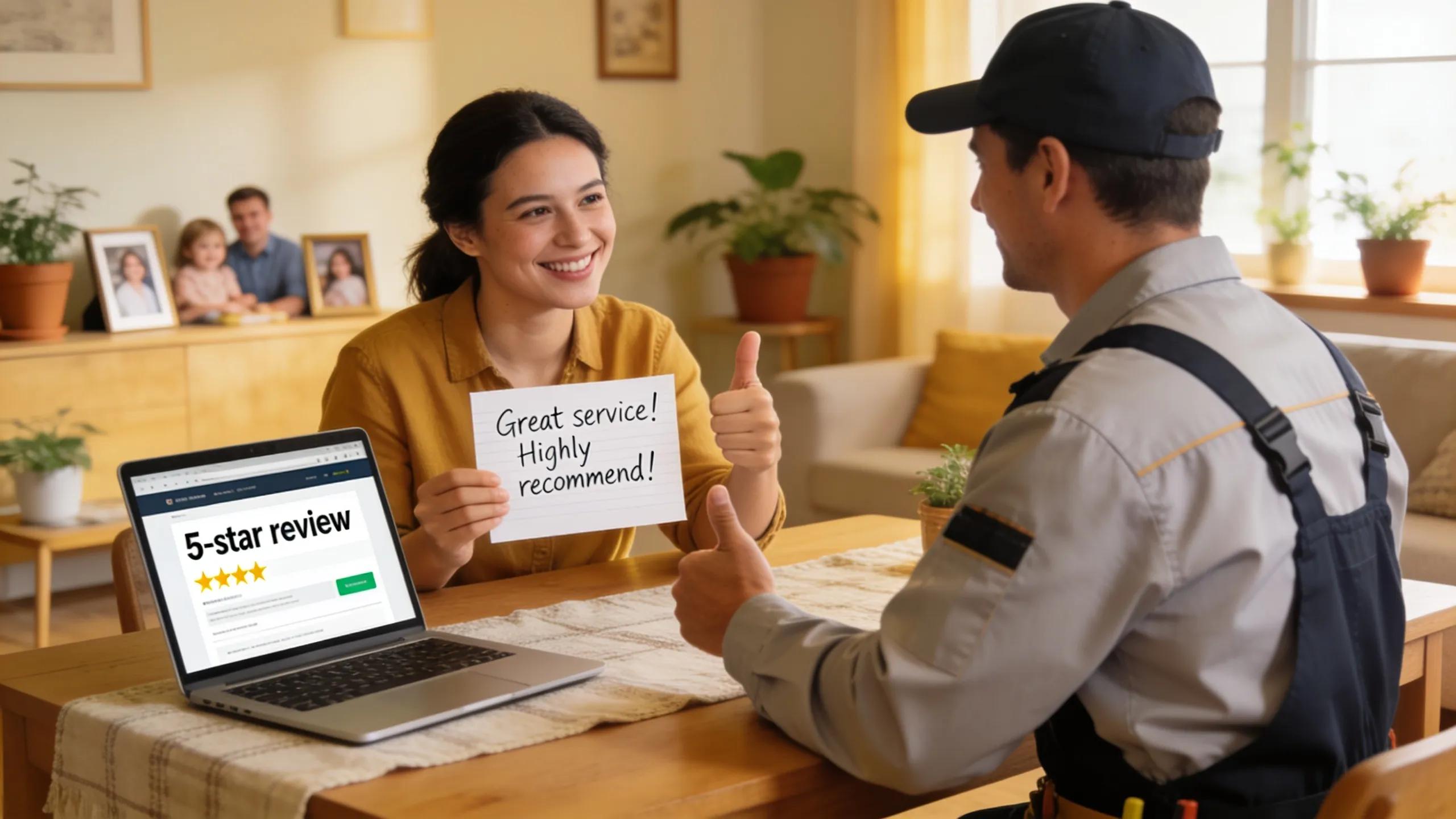 Satisfied customer providing positive feedback to a contractor, highlighting the role of customer reviews