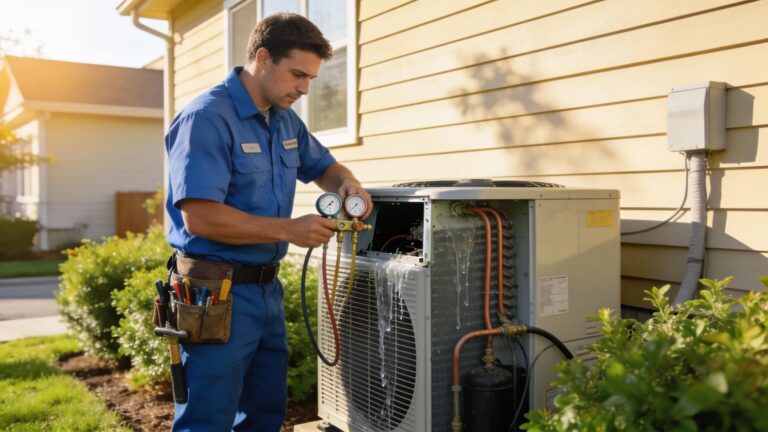 Technician inspecting air conditioning unit outside a suburban home, reflecting HVAC service themes.