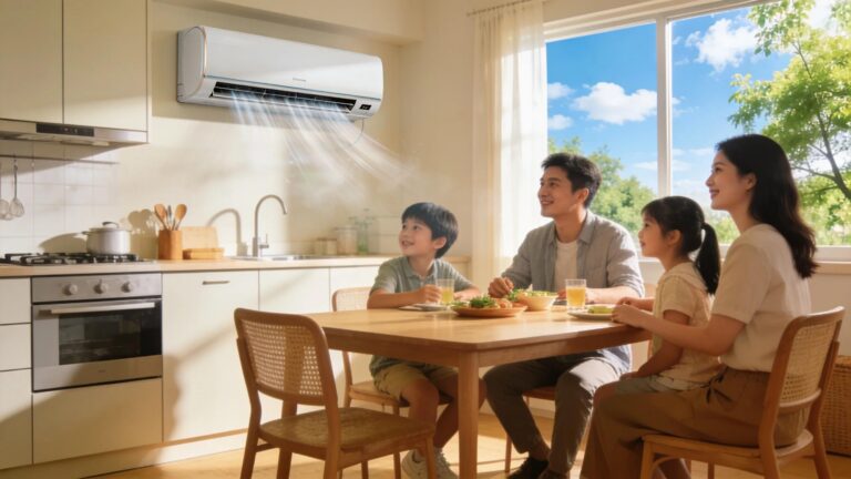Modern air conditioning unit in a bright kitchen, emphasizing home comfort and technology