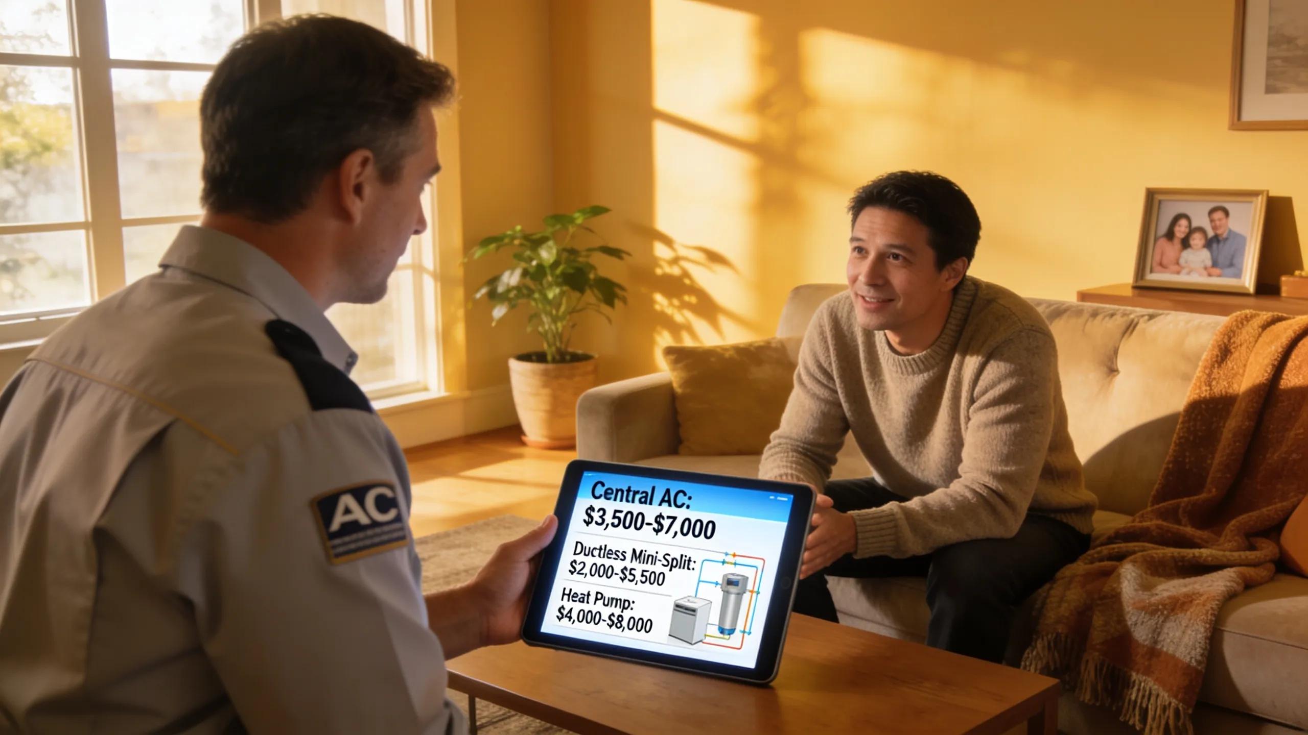 Homeowner consulting with HVAC technician about air conditioning options and pricing